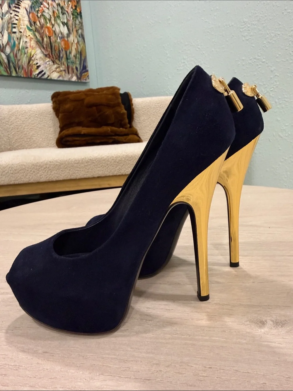 Louis Vuitton Navy Suede Pumps with Gold Lock & Stiletto Heels